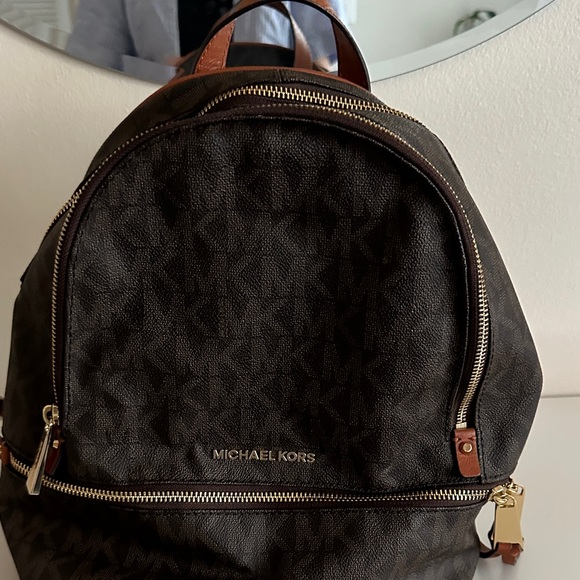 Michael Kors Dark Brown Signature Logo Backpack with Gold Hardware